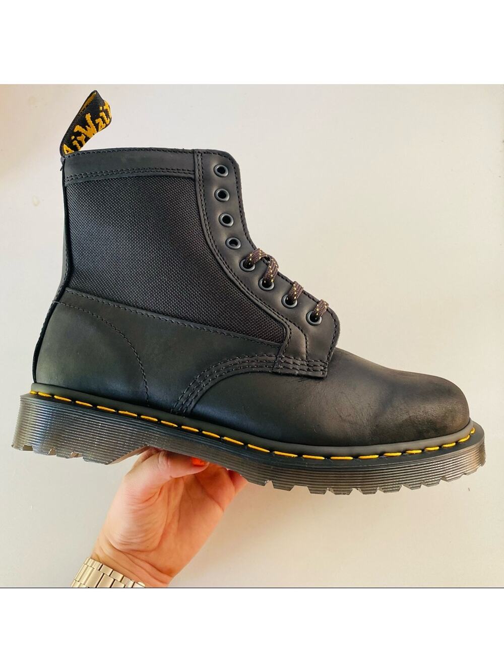 NEW DR DOC MARTENS Black Leather Canvas Panel Inset Lace Up Combat Ankle Boot 11
